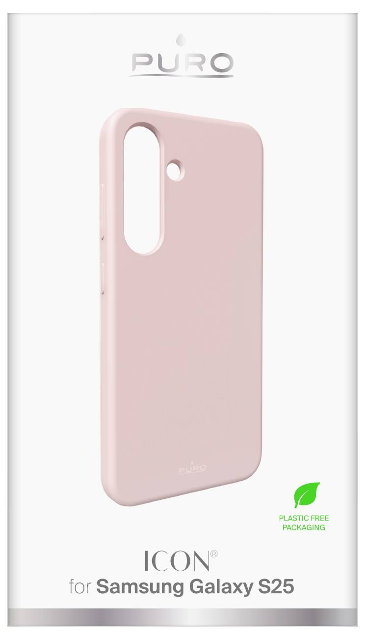 Phone case packaging for Samsung Galaxy S25, 'ICON' model, in pink. Features plastic-free packaging logo.