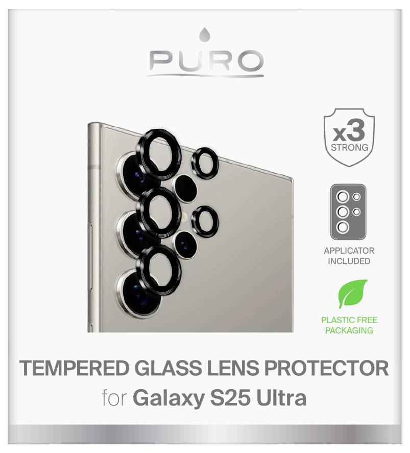 'Tempered glass lens protector for Galaxy S25 Ultra' shown on product packaging, with icons for strength, applicator, and eco-friendly packaging.