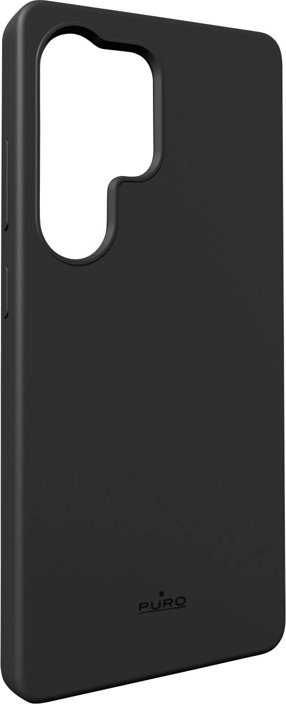 A sleek black smartphone case with a cutout for the camera and buttons, branded with 'Puro' near the bottom.