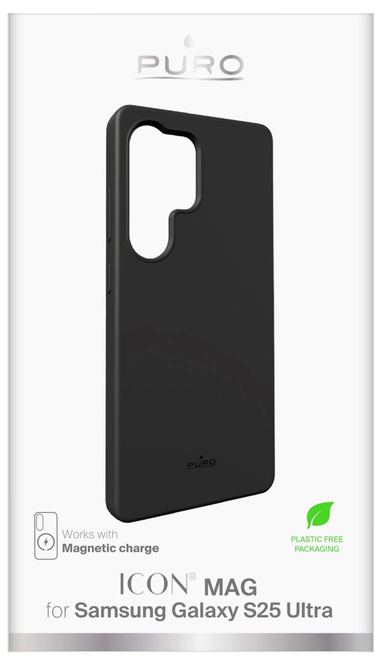 Black protective case for Samsung Galaxy S25 Ultra, compatible with magnetic charge, in plastic-free packaging.