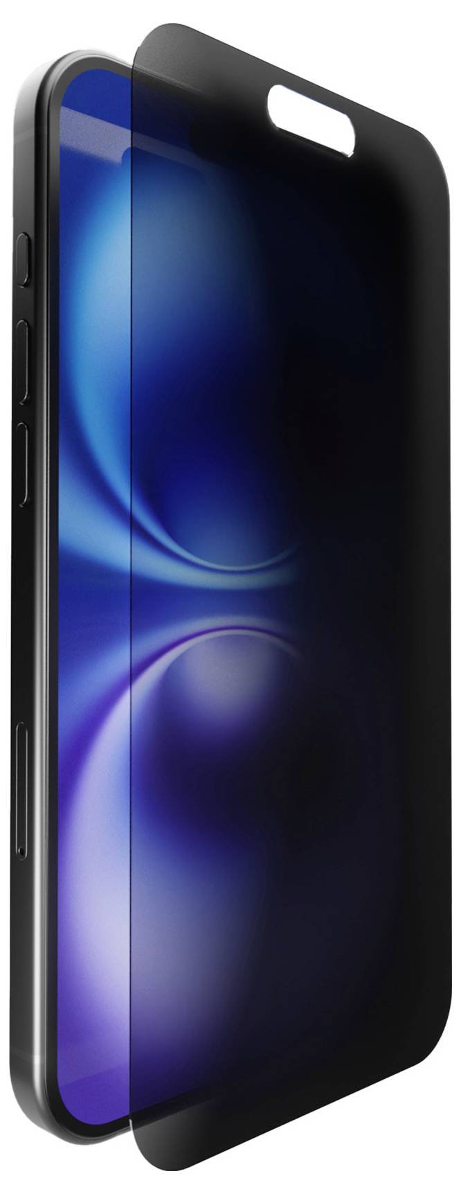 A smartphone with a privacy screen protector showing a blurred display from a side view, ensuring screen visibility only when viewed straight on.