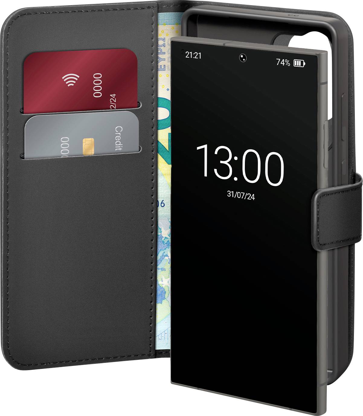 A smartphone case opened to reveal a phone displaying '13:00' and '31/07/24'. Two cards and cash are in the adjacent slots.