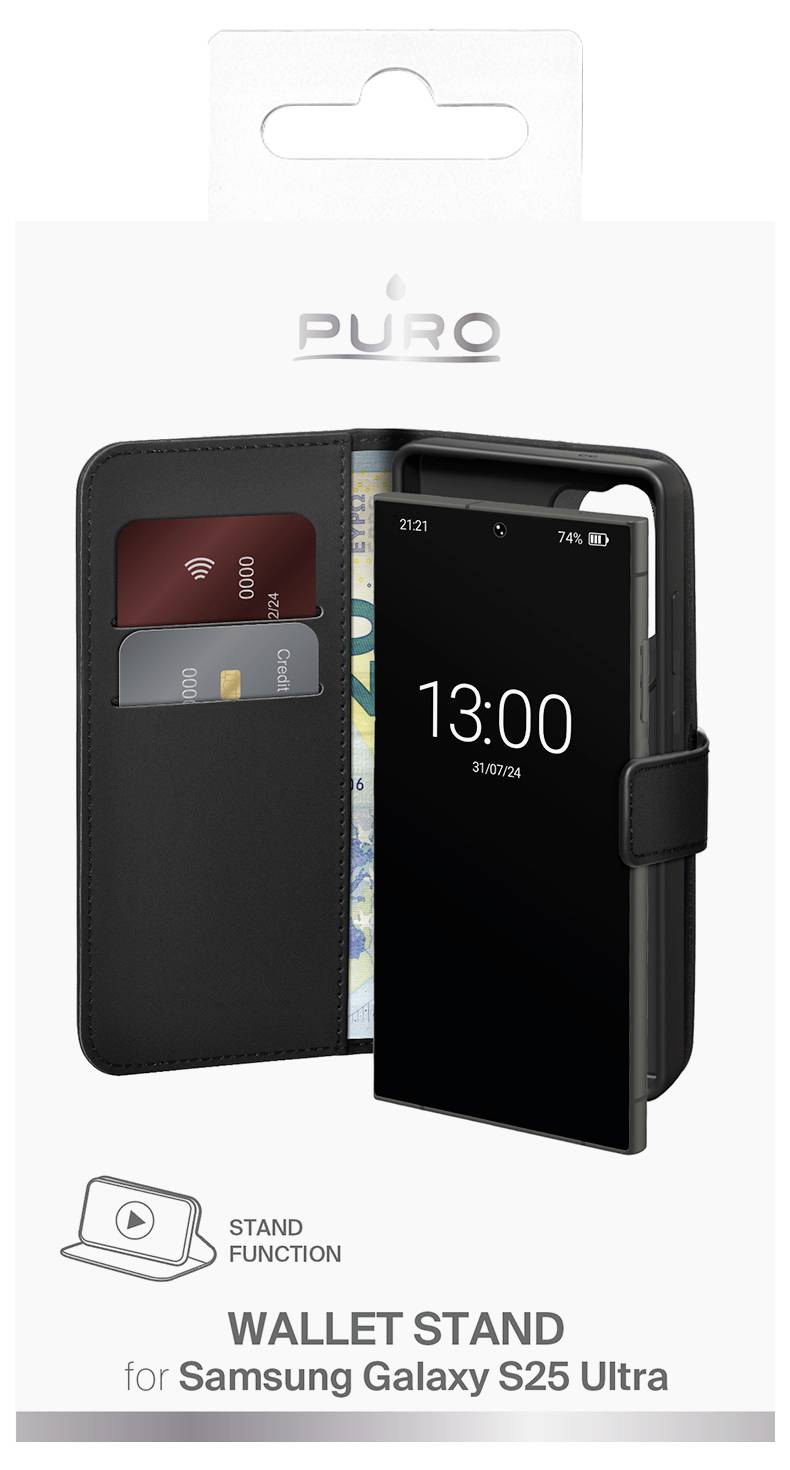 Wallet stand case for Samsung Galaxy S25 Ultra, shown holding credit cards and cash. Includes stand function icon and branding.