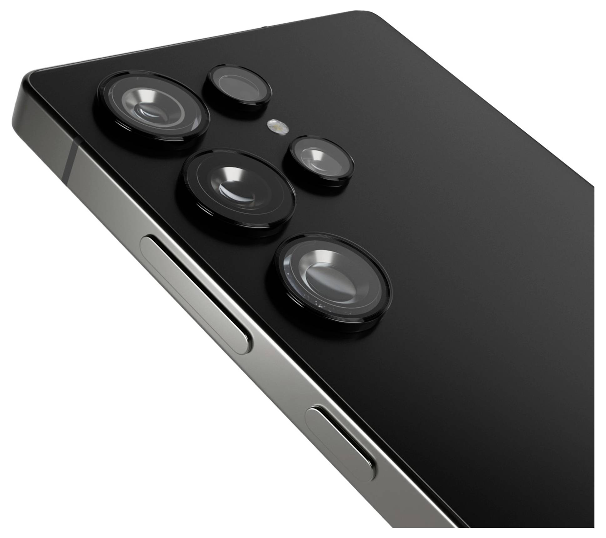 A smartphone in close-up displays a sleek design with four prominent camera lenses and a metallic frame, highlighting advanced camera features.