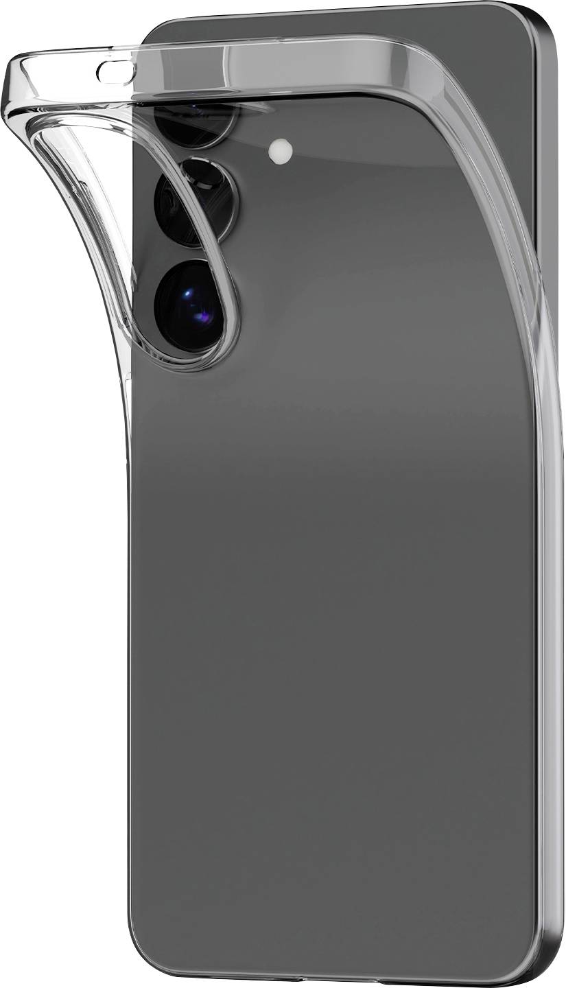 A smartphone with a clear protective case partially covering the back, revealing the camera lenses. The case curves at the top edge.