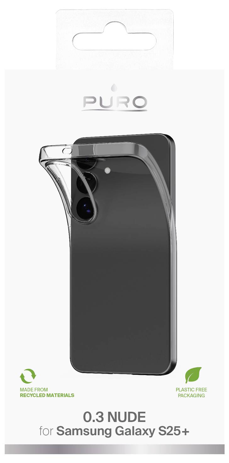 'Puro 0.3 Nude' clear phone case packaging for Samsung Galaxy S25+. Highlights include 'Made from recycled materials' and 'Plastic free packaging'.