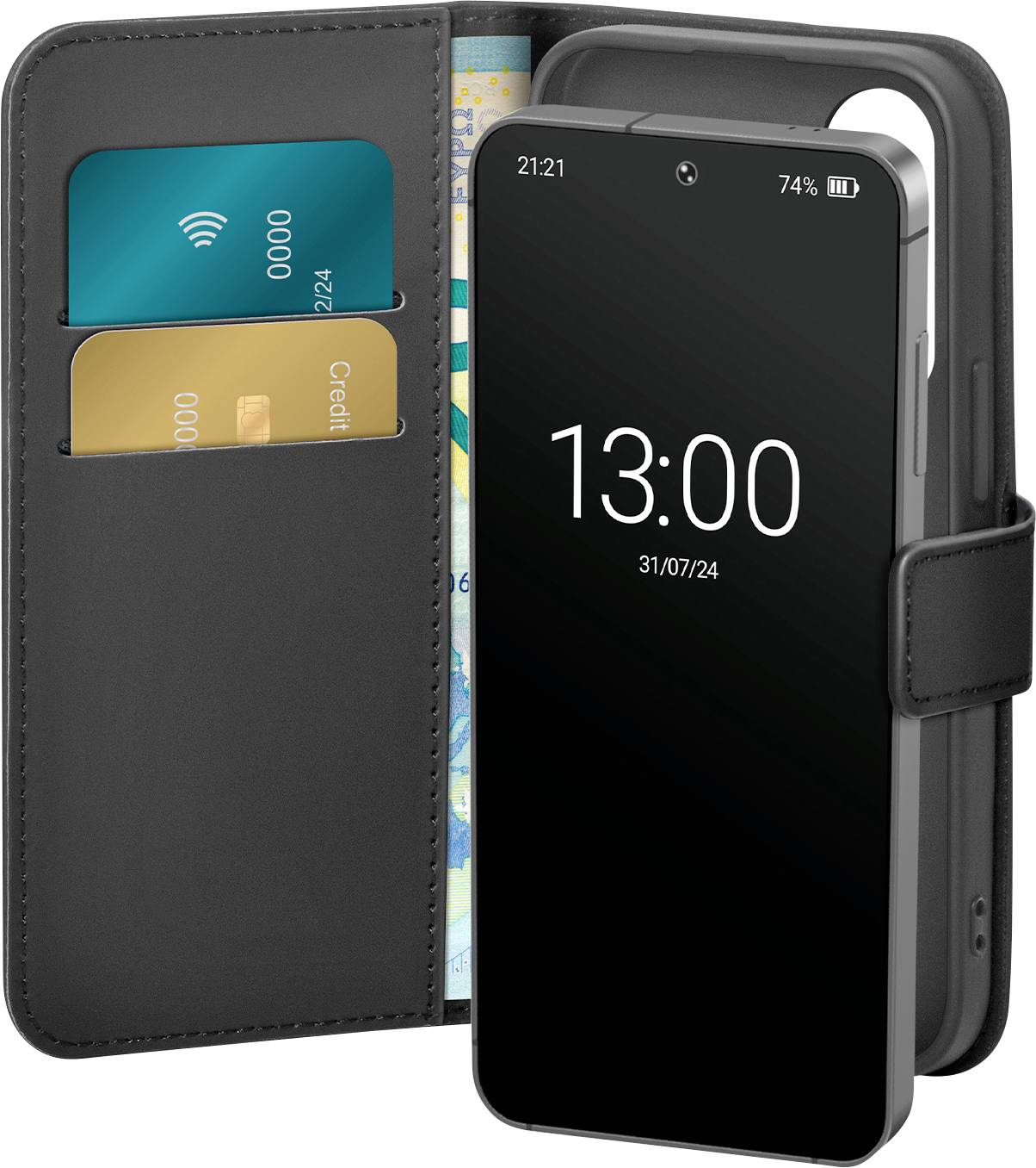 'Smartphone in a wallet-style case with credit cards and a folded map, showing the time 13:00 on 31/07/24.'