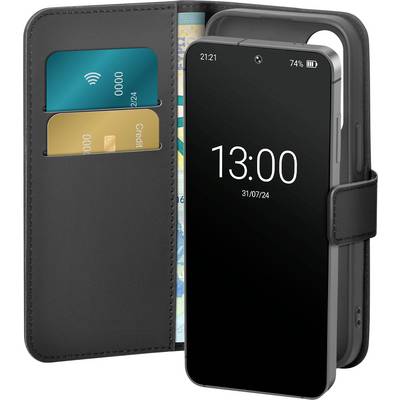 'Smartphone in a wallet-style case with credit cards and a folded map, showing the time 13:00 on 31/07/24.'