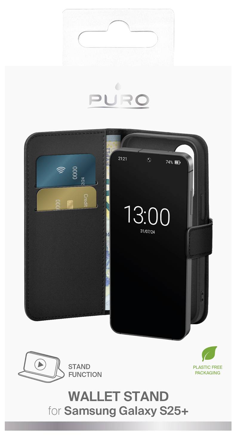 'PURO Wallet Stand for Samsung Galaxy S25+' package showing a black phone case with card slots and a stand feature. Plastic-free packaging.