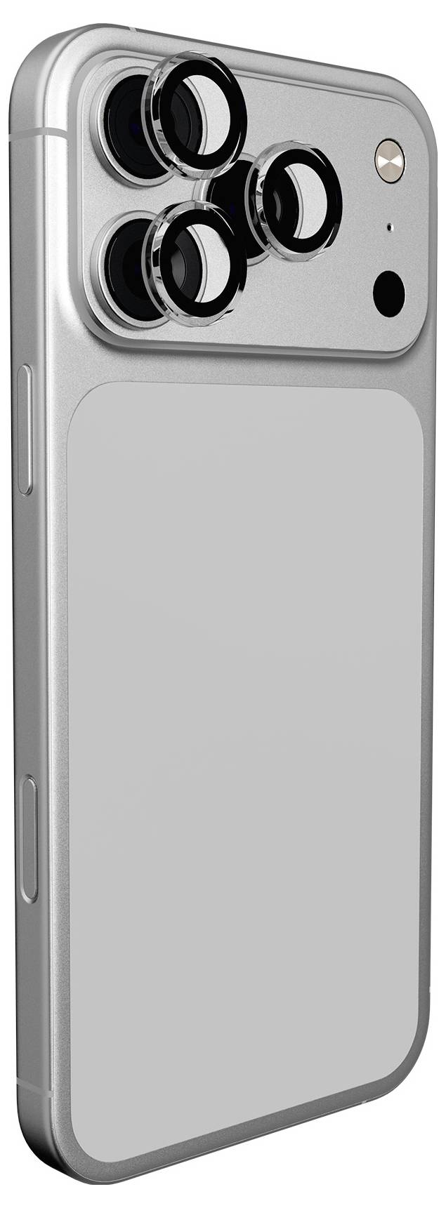 A silver smartphone with four rear cameras and a flash positioned on the top left corner of the back.