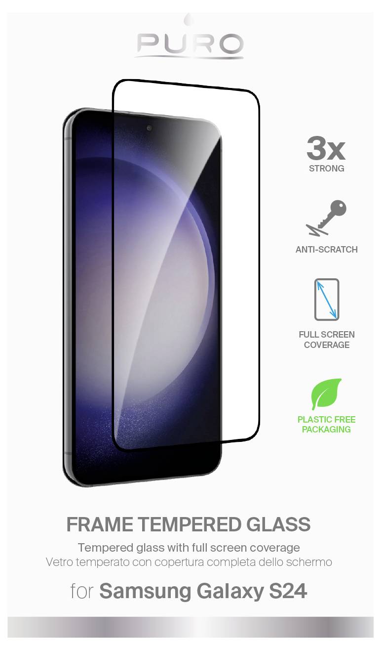'Frame Tempered Glass for Samsung Galaxy S24' packaging, featuring 3x strong, anti-scratch screen protector with full coverage.