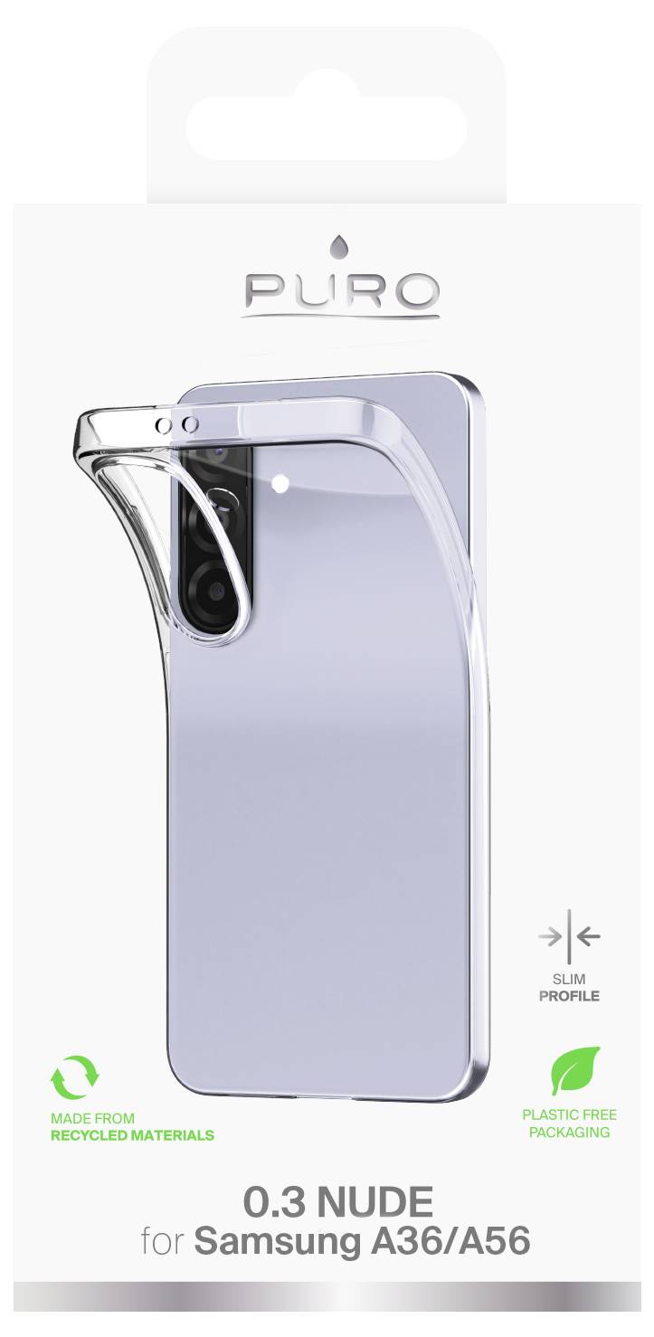 Phone case packaging for Samsung A36/A56, labeled '0.3 Nude,' features a slim, transparent design. Highlights recycled materials and plastic-free packaging.