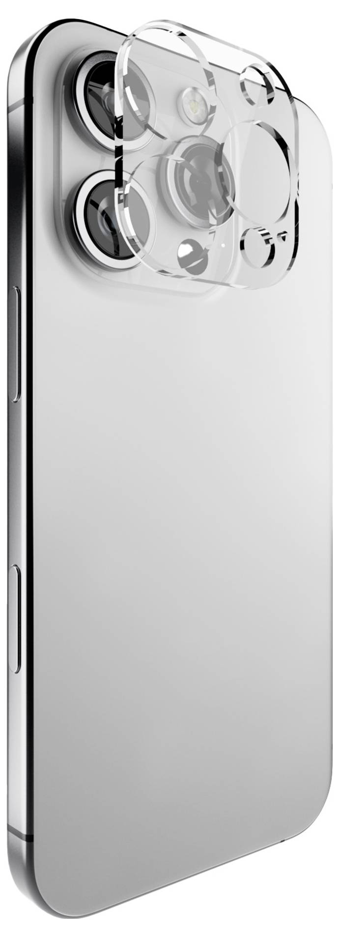 A sleek smartphone in silver with a prominent rectangular camera module featuring three lenses and a flash on the back.