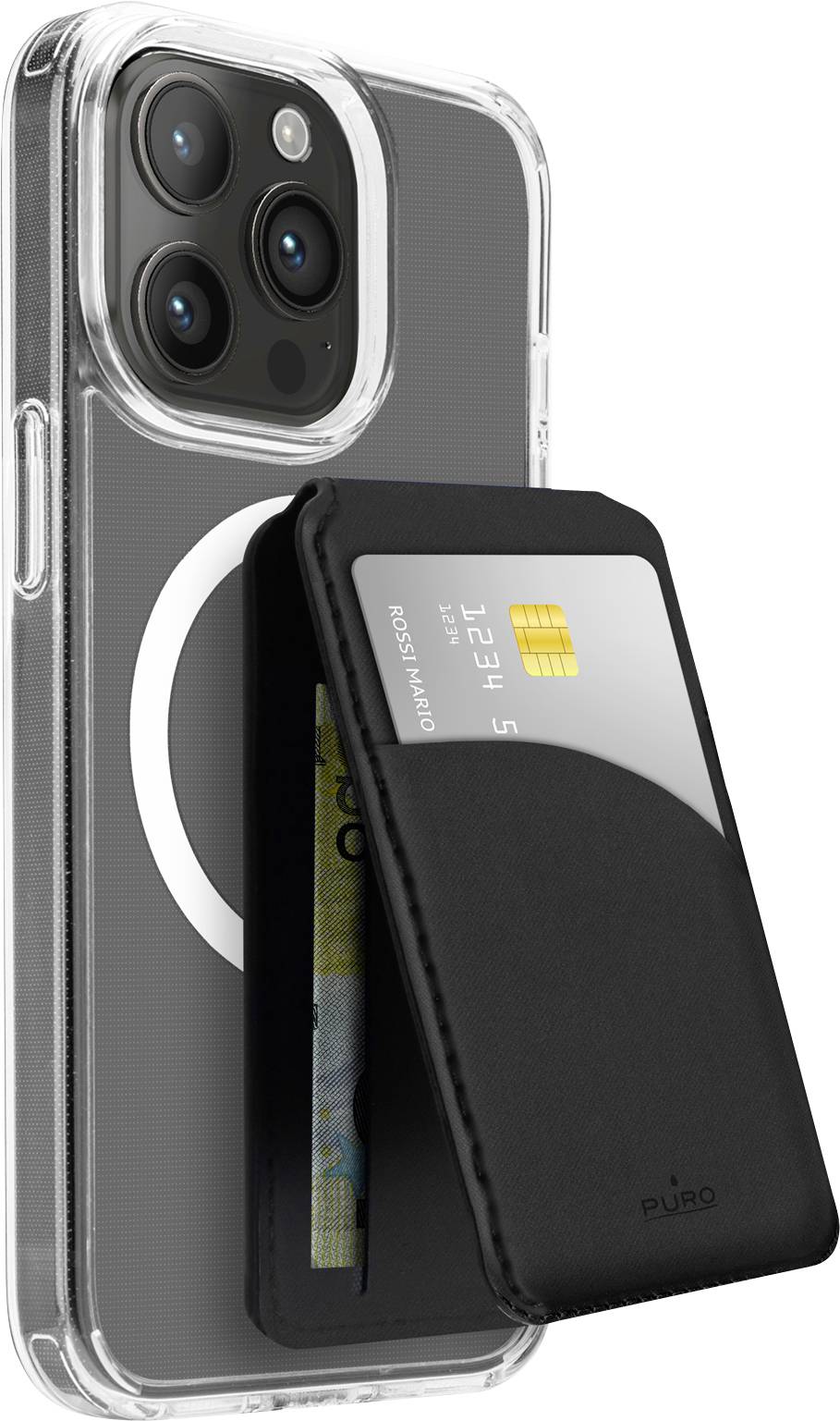 A clear phone case with a black cardholder attached, holding a credit card and cash, showcasing the storage functionality.