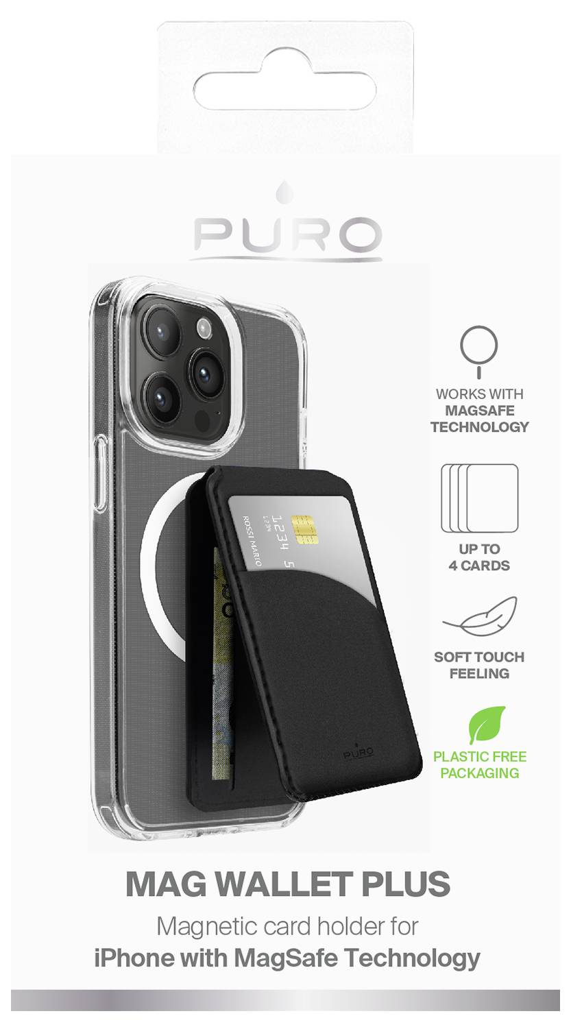 'Mag Wallet Plus' packaging showing a magnetic card holder attached to a phone case, compatible with iPhone using MagSafe technology.