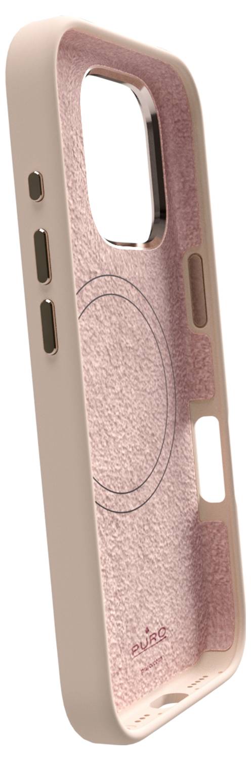 A beige smartphone case with a soft pink interior, designed for protection with buttons and cutouts for the camera and ports.