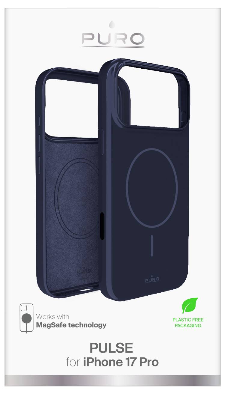 'PULSE for iPhone 17 Pro' case by Puro, compatible with MagSafe, shown in navy blue. Packaging is plastic-free.
