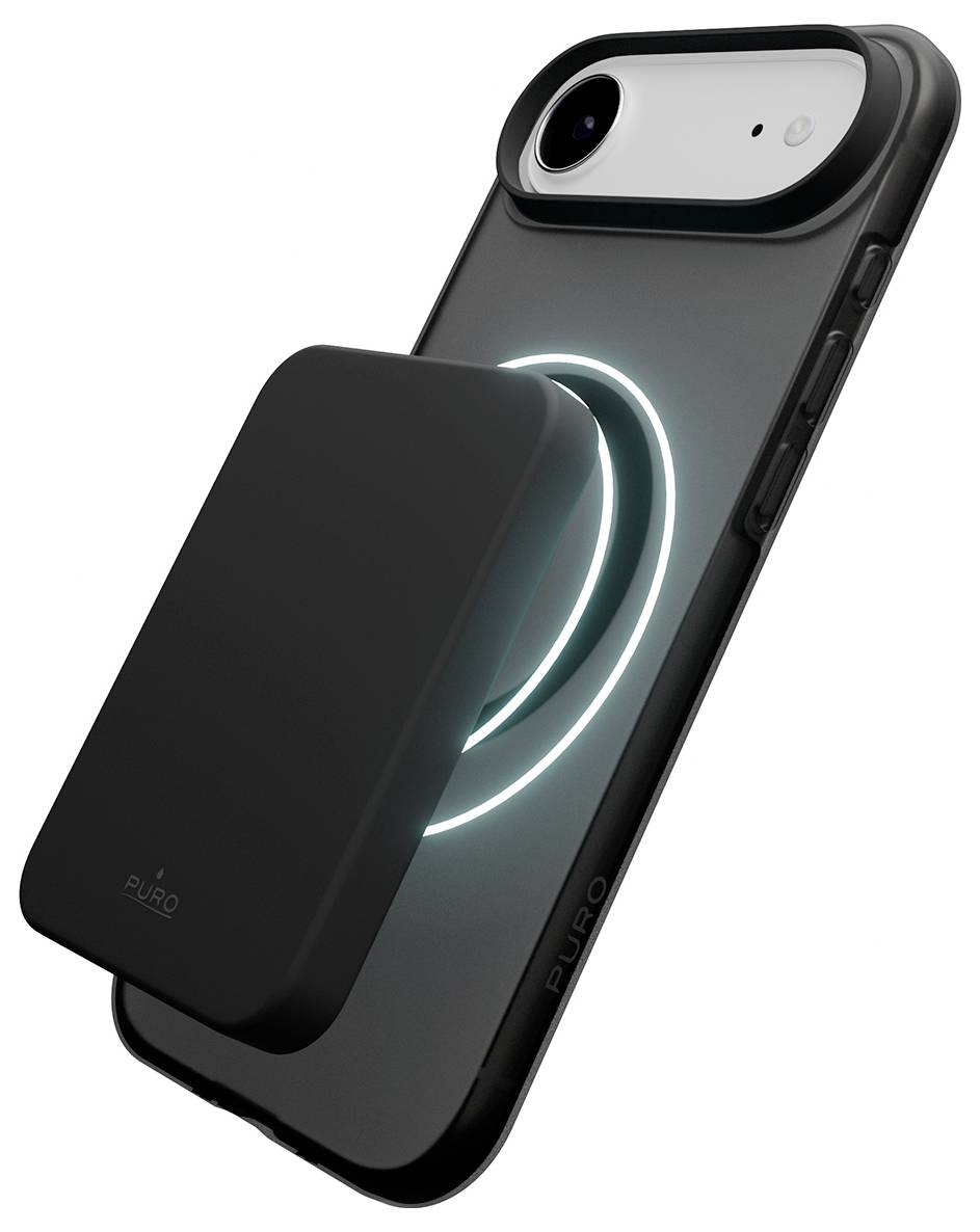 A black phone case with a glowing circular light pattern and a rectangular black accessory attached on the back.