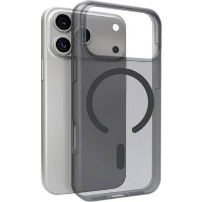 A silver smartphone with dual rear cameras, a flash, and a black translucent case featuring a circular design is shown.