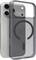 A silver smartphone with dual rear cameras, a flash, and a black translucent case featuring a circular design is shown.