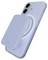 A light blue smartphone with a matching MagSafe charger attached to the back, showcasing a sleek design and round charging indicator.