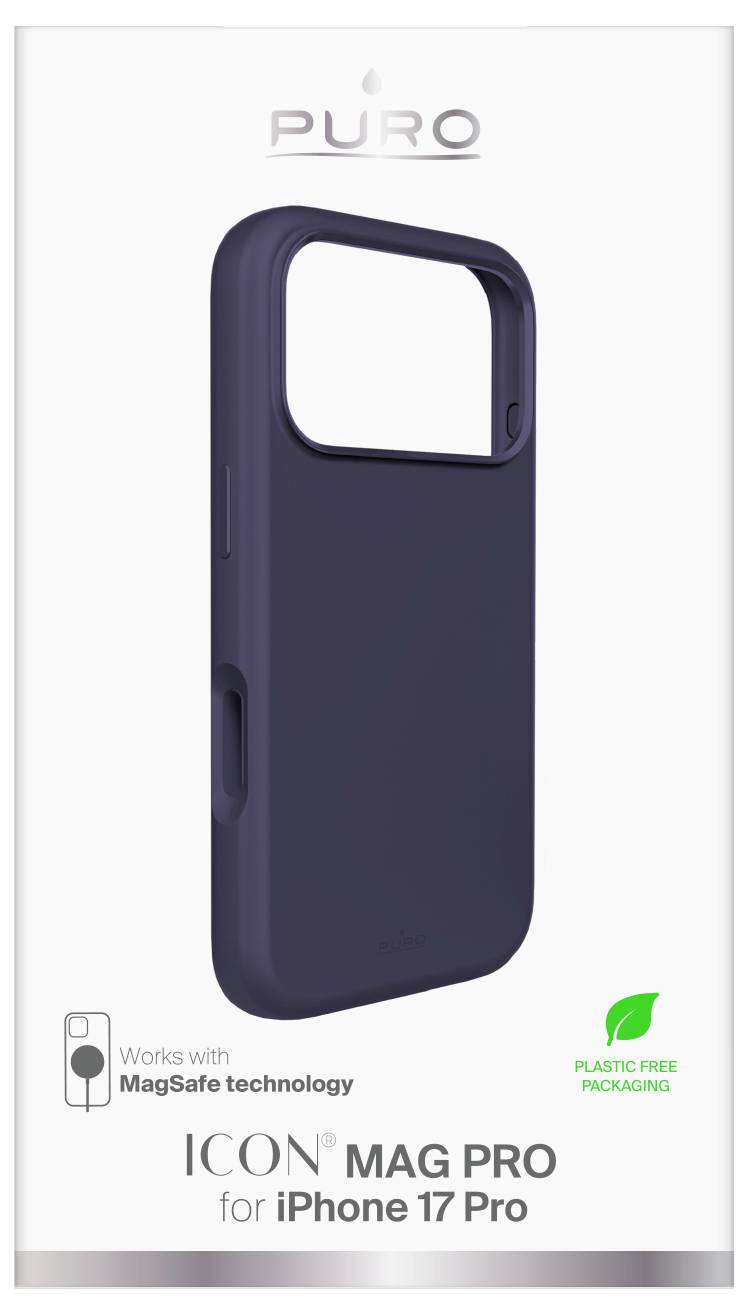 'PURO ICON MAG PRO for iPhone 17 Pro' phone case packaging. Black case highlighted. Notable features: MagSafe technology, plastic-free packaging.