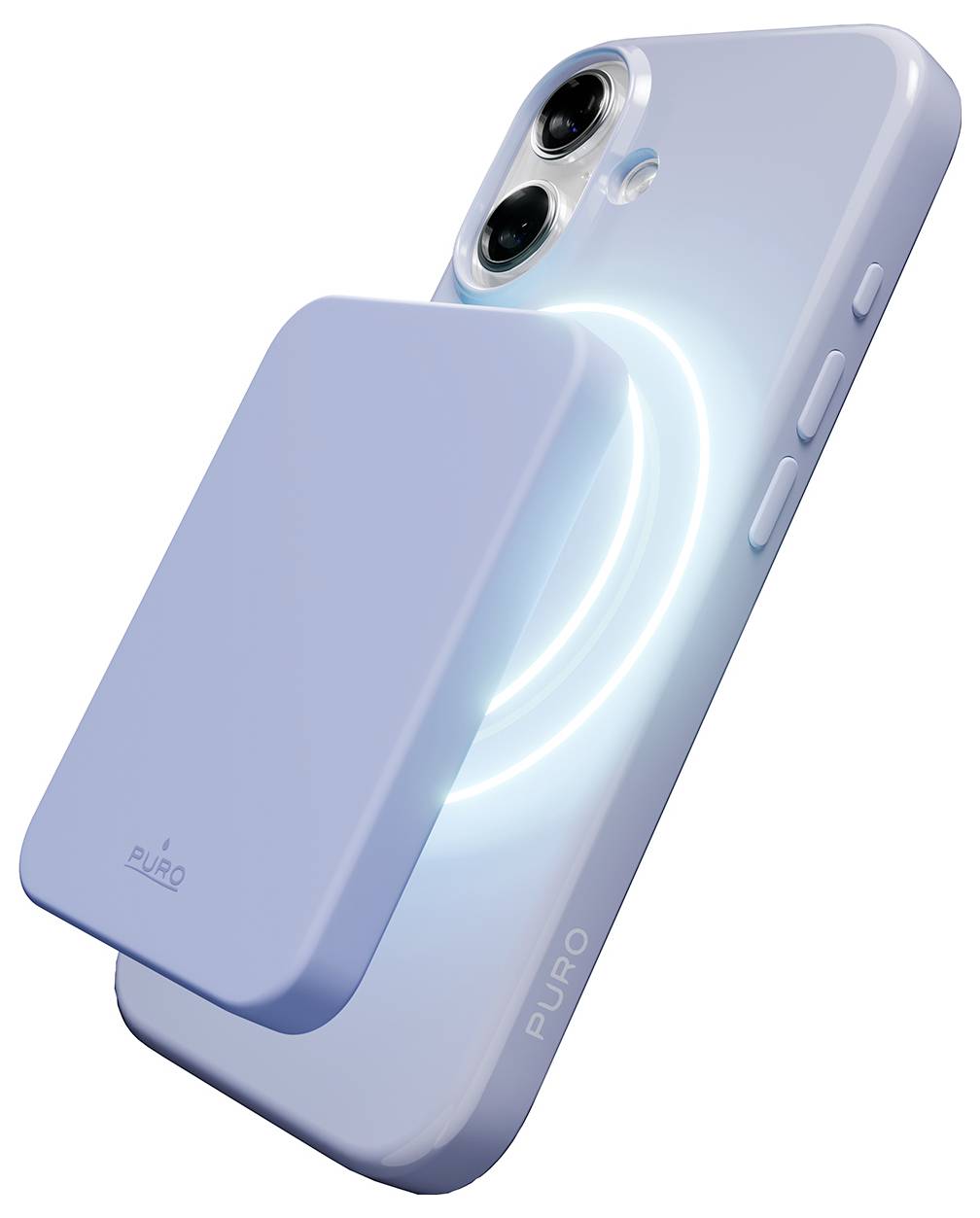 A blue smartphone with a matching case and wireless charging pad attached to the back, emitting a glowing ring of light.