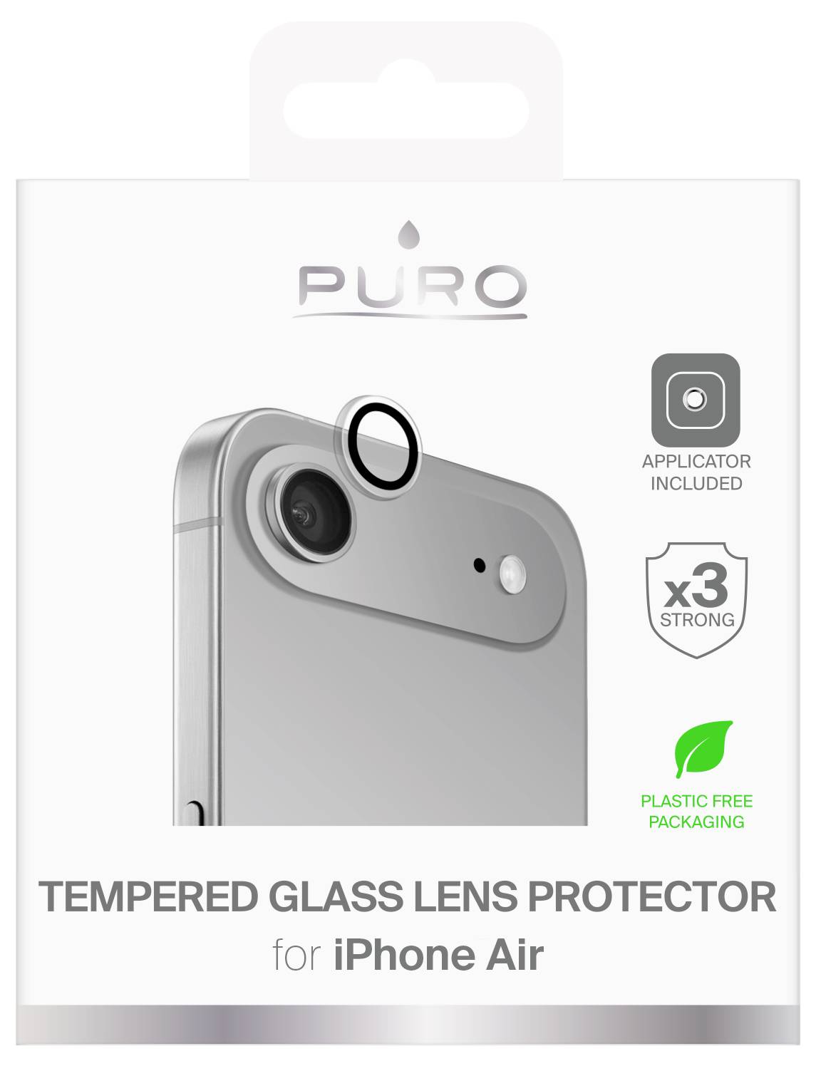 'Puro tempered glass lens protector for iPhone Air', shows product packaging with lens image, applicator included, plastic-free.