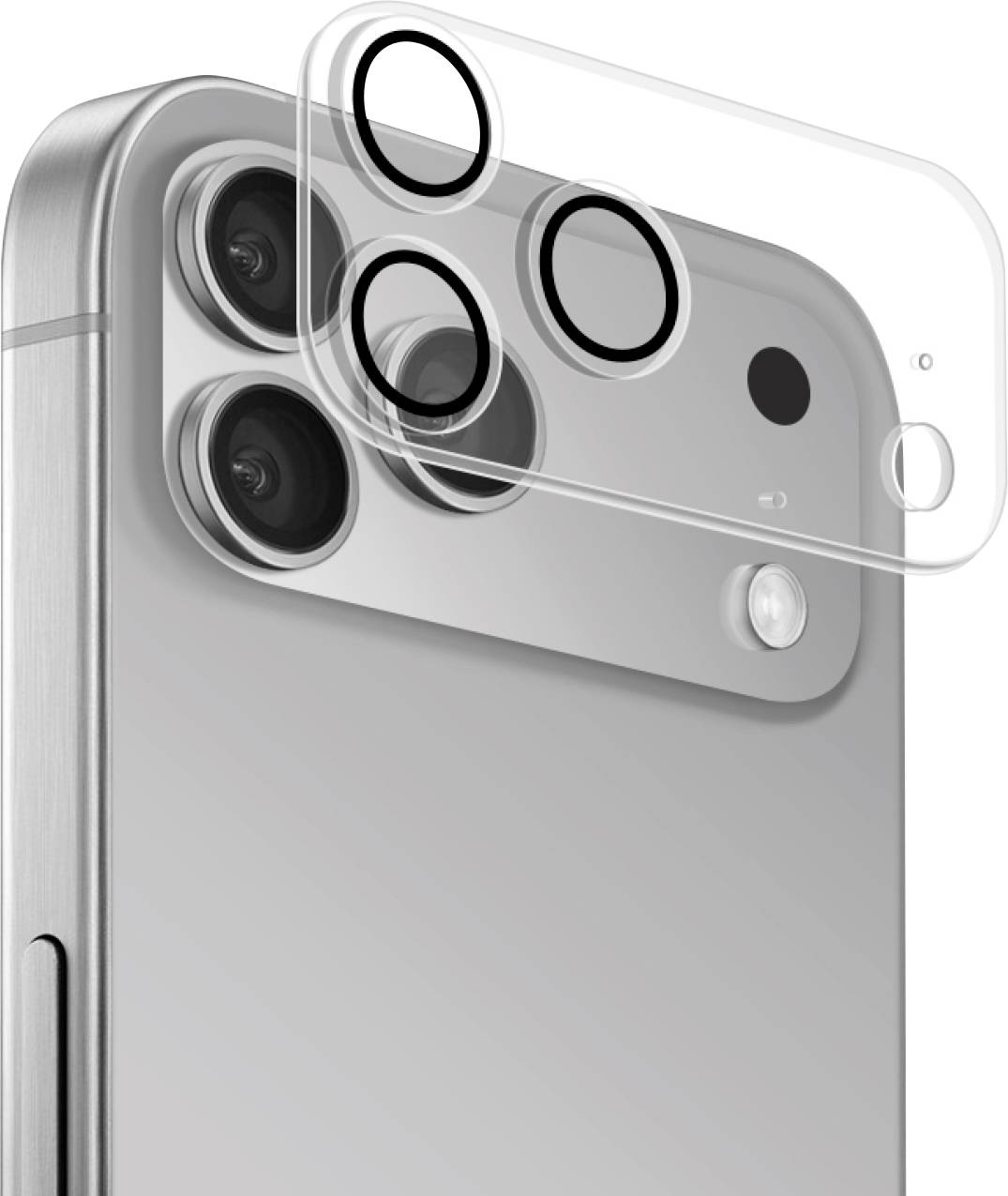 A close-up of a smartphone's camera module with three lenses and a flash. A transparent lens protector is shown aligned above the lenses.