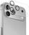 A close-up of a smartphone's camera module with three lenses and a flash. A transparent lens protector is shown aligned above the lenses.