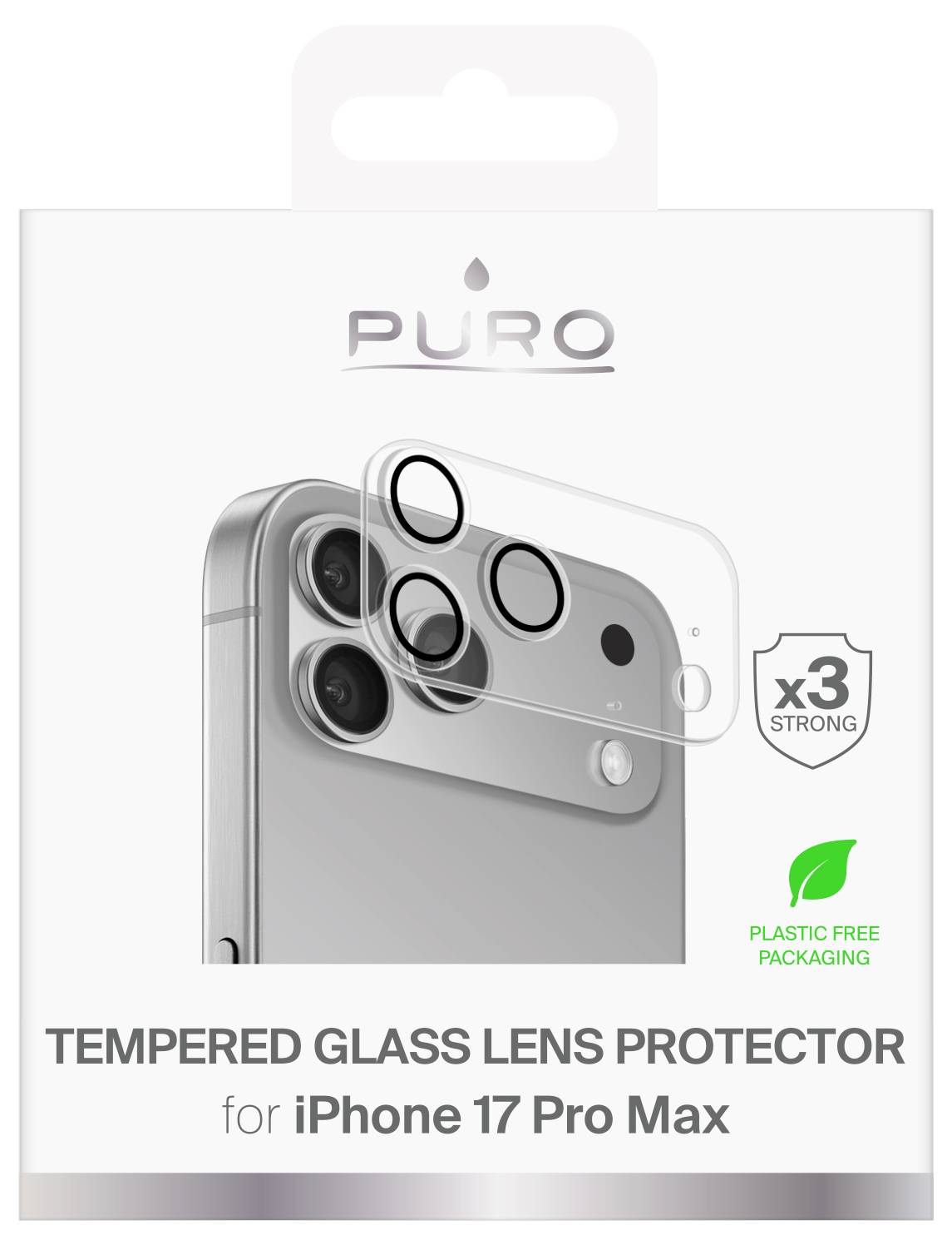 'Puro tempered glass lens protector for iPhone 17 Pro Max, x3 strong, shown in packaging with plastic-free symbol.'