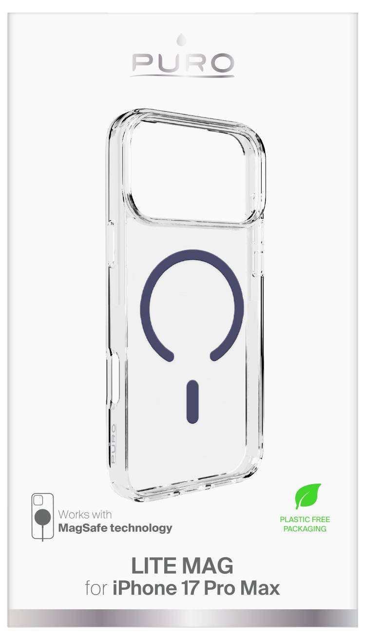 'Clear iPhone 17 Pro Max case with MagSafe compatibility, Puro Lite Mag branding. Plastic-free packaging.'