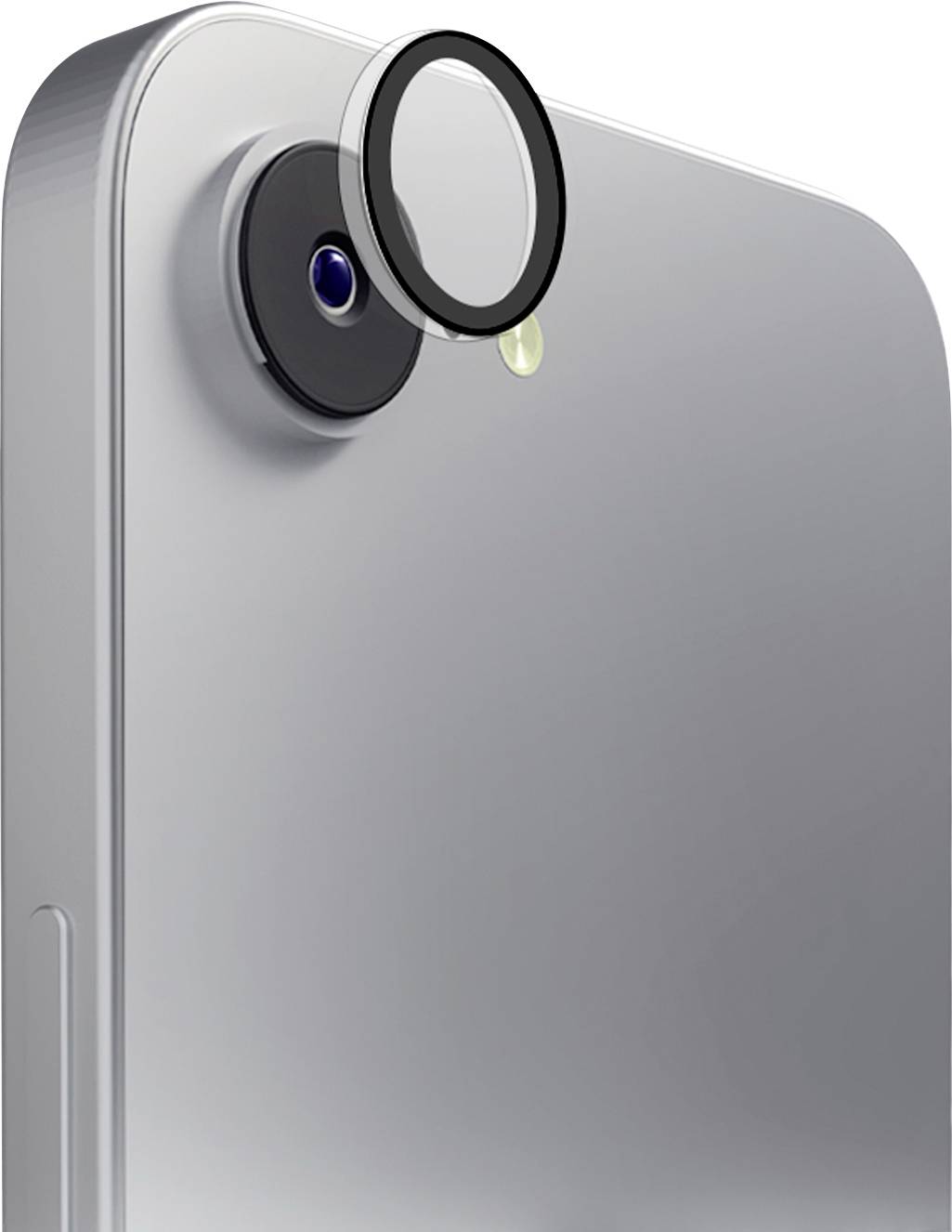 A close-up of a smartphone camera with a detached lens cover floating above it, showcasing the camera design and lens detail.