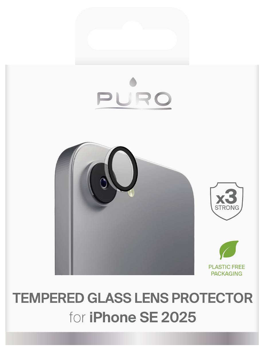 'PURO Tempered Glass Lens Protector for iPhone SE 2025' packaging shows a lens protector being applied to a phone, x3 strong, eco-friendly.
