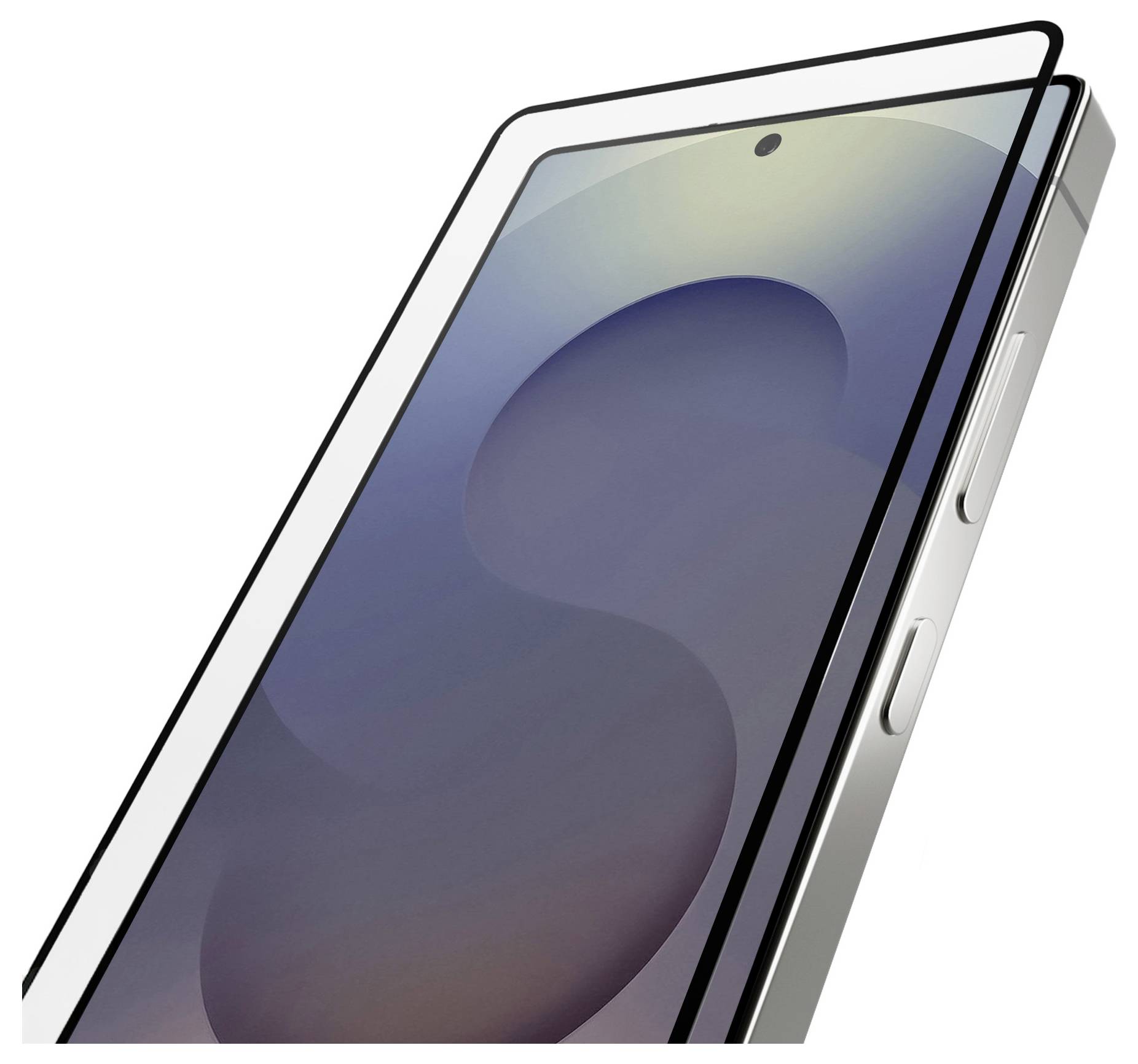 A close-up view of a smartphone with a protective screen cover. The phone is angled to show the edge, buttons, and part of the display.