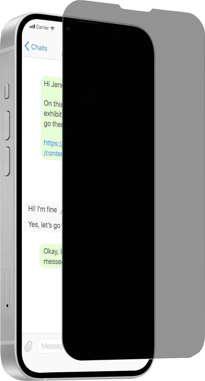 Smartphone with privacy screen showing a text conversation where messages are visible only directly in front, ensuring discretion.
