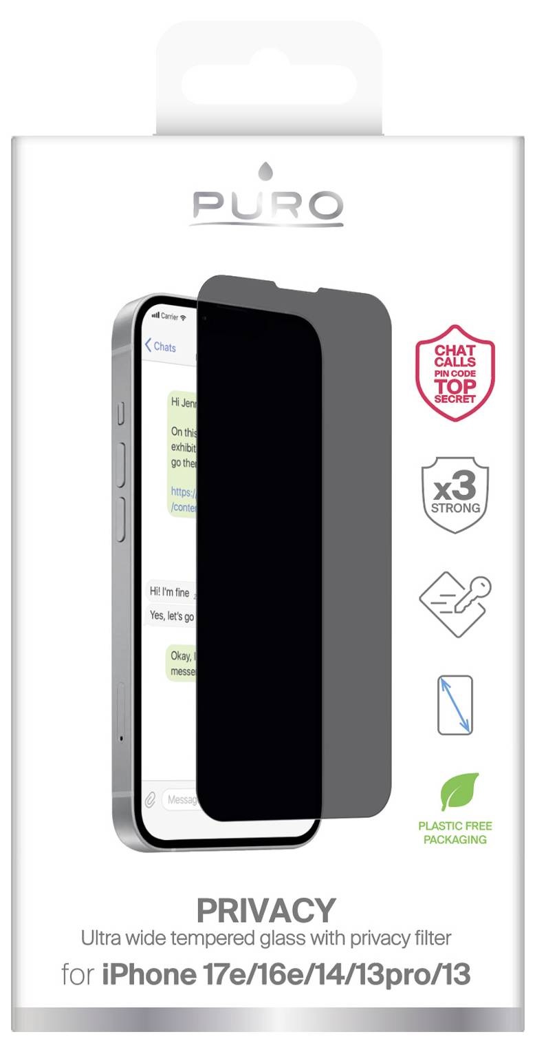 The image shows packaging for a Puro privacy screen protector for iPhone models 17e/16e/14/13pro/13. It highlights features like ultra-wide tempered glass, '3x strong', privacy filter, and 'plastic free packaging'.