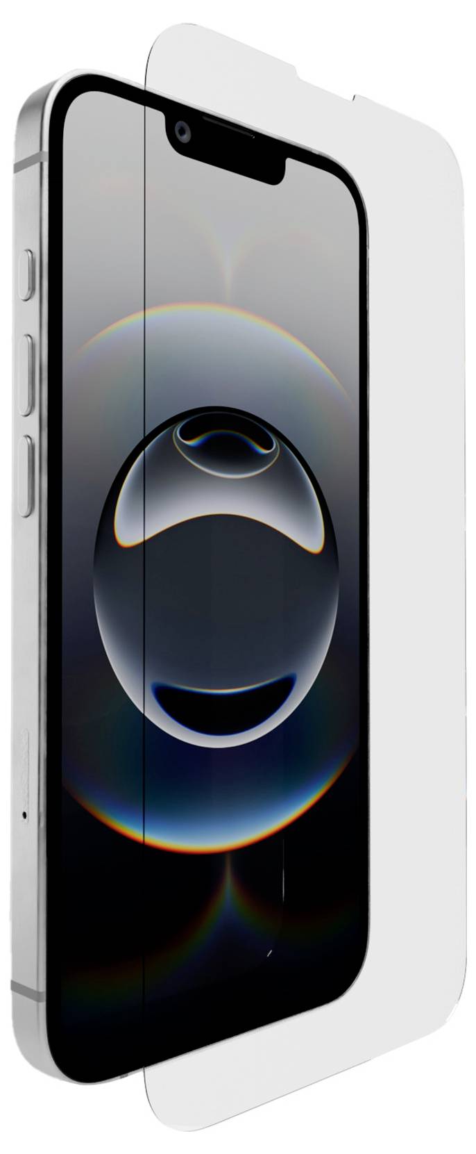 Smartphone with a screen protector applied, showcasing a reflective circular design on the display, against a white background.