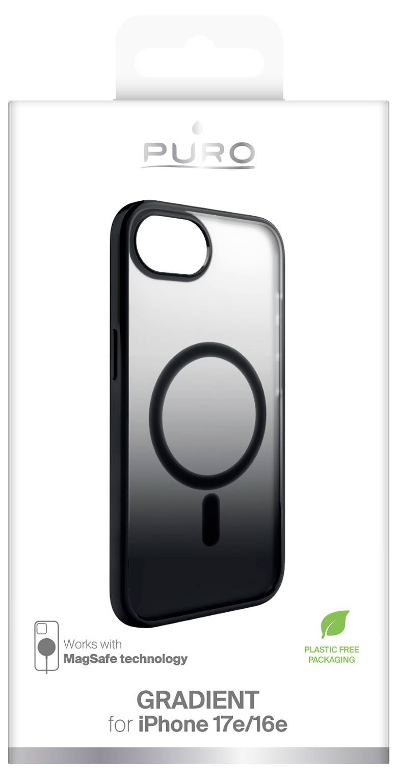 'Puro' branded phone case packaging for iPhone 17e/16e with MagSafe technology compatibility. Features plastic-free packaging.