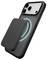 A smartphone with three cameras has a wireless charging pad attached to its back, emitting a soft glow around the contact area.