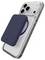 A smartphone with a transparent case features a blue, rectangular MagSafe accessory attached to its back.
