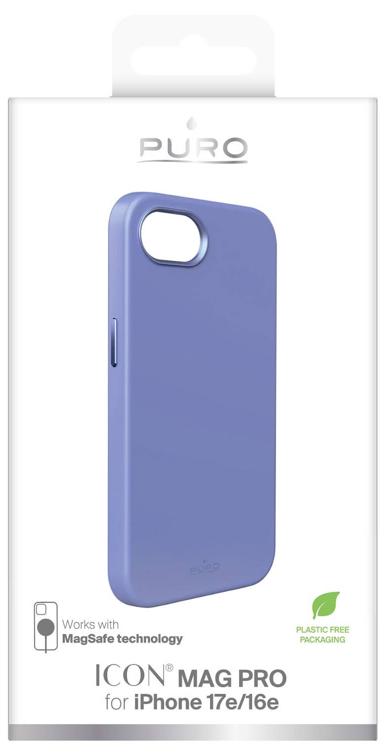 Blue phone case packaging for 'iPhone 17e/16e', labeled 'Puro ICON MAG PRO', with 'Works with MagSafe technology' and 'Plastic Free Packaging'.