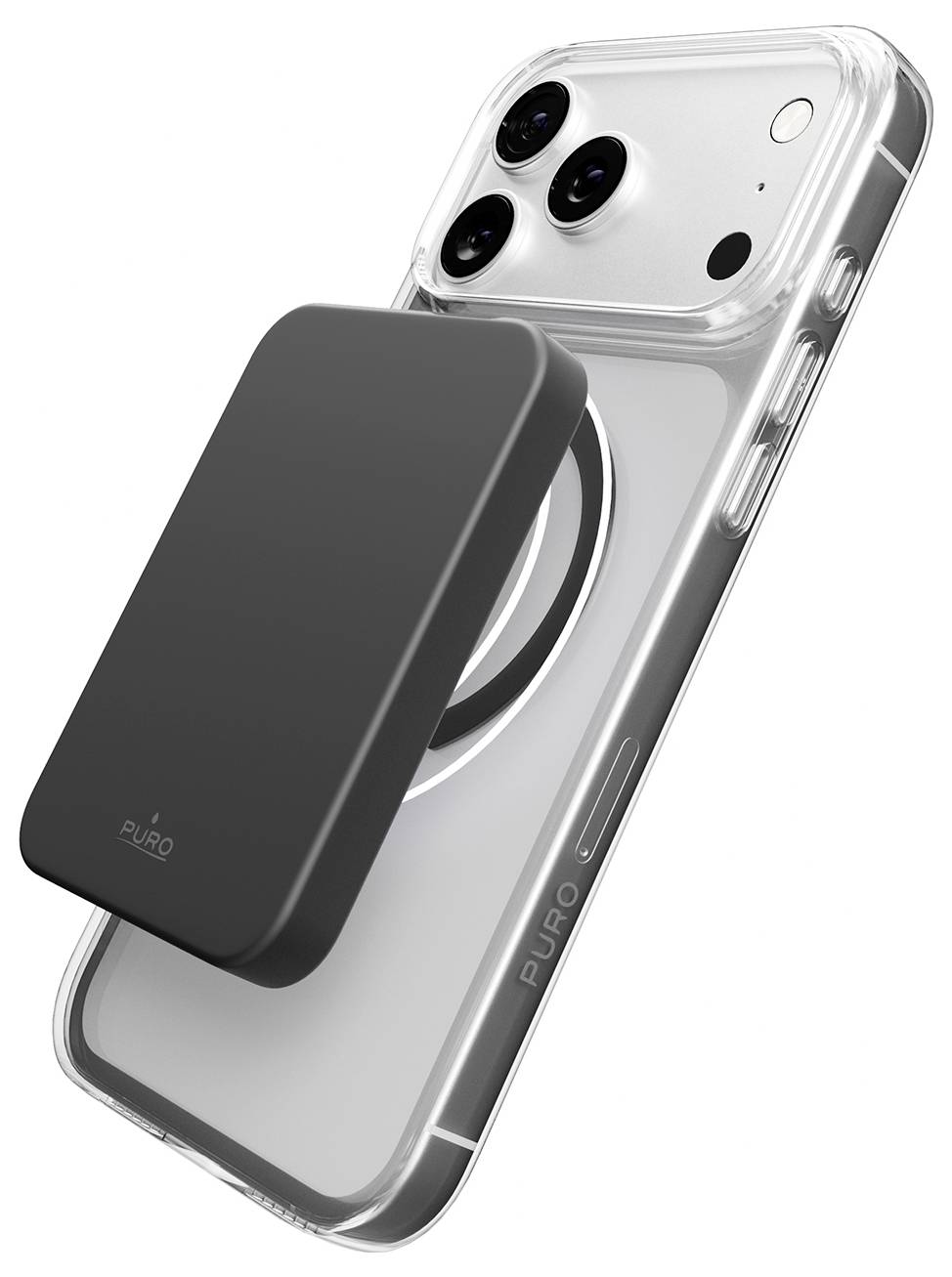 Smartphone with clear case and black rectangular wireless charger attached to the back, showing a focus on the charging feature.