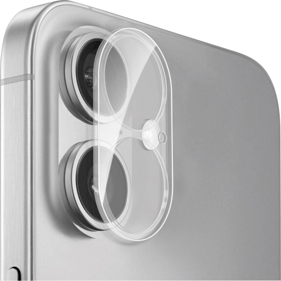 Close-up of a smartphone's dual-camera setup on the back. A transparent protective cover is partially open, showing the lenses.