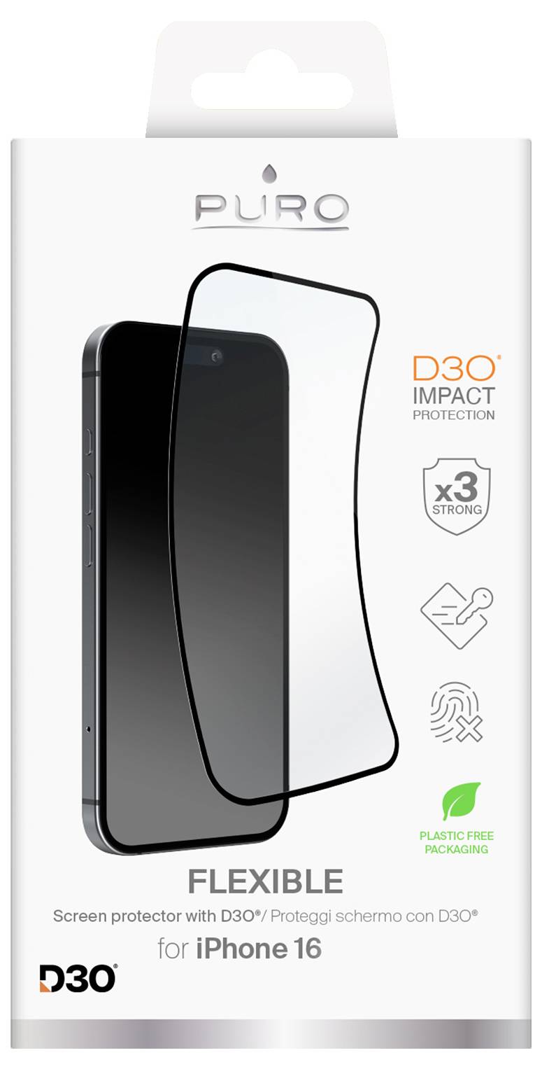 'PURO Flexible Screen Protector for iPhone 16' packaging showing D3O Impact Protection, enhanced touch, and eco-friendly materials.