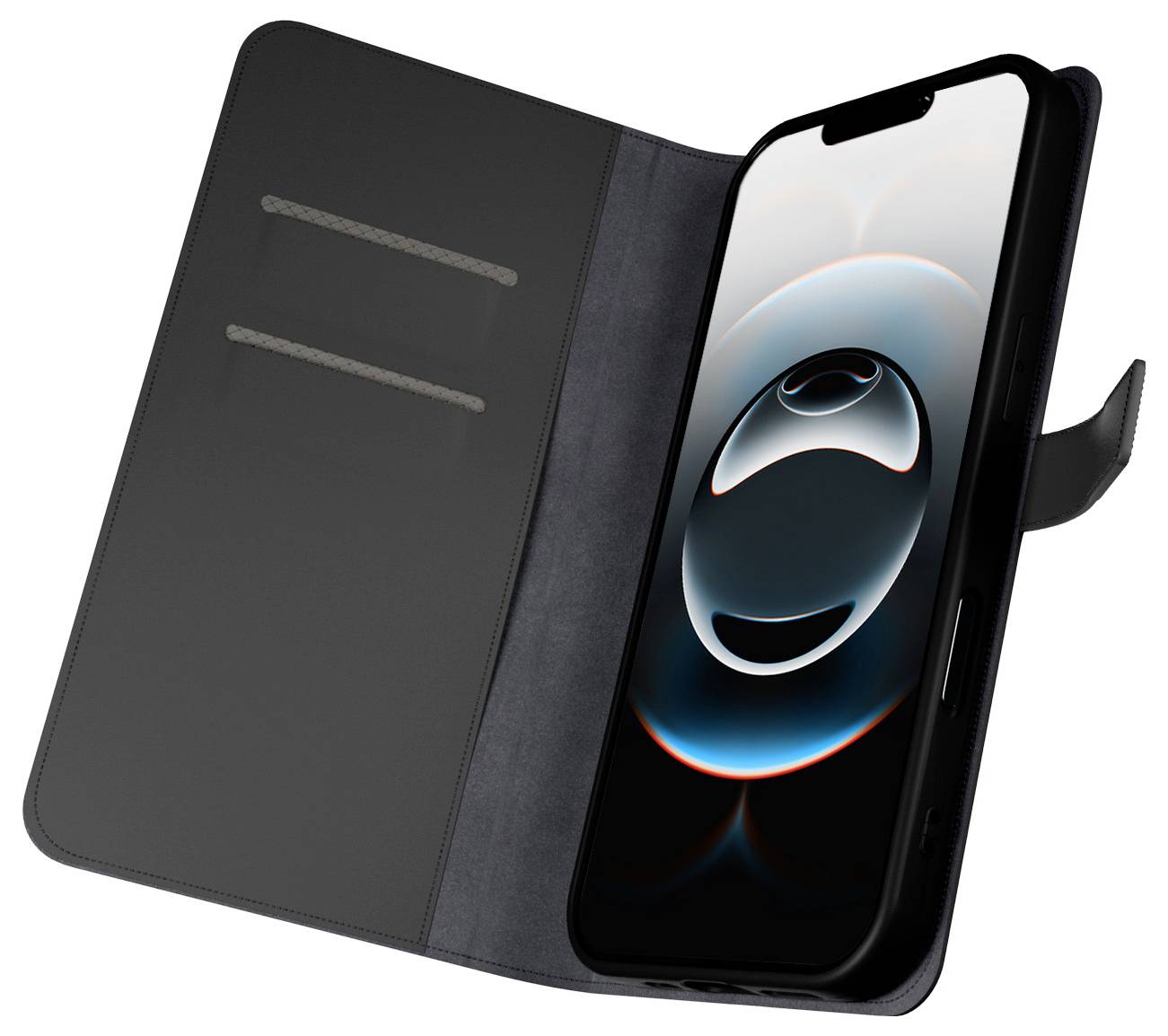Open black phone case with two card slots, showing a smartphone screen set to a circular abstract design with blue and red tones.