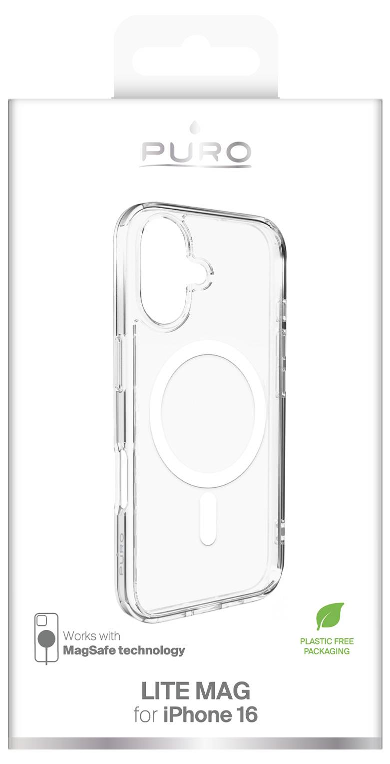 Clear phone case with 'LITE MAG for iPhone 16' text, MagSafe compatible, plastic-free packaging.