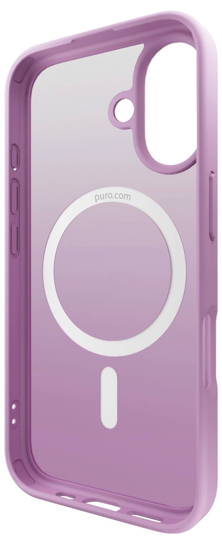 'A pink phone case with a transparent back, featuring a circular design and a cutout for the camera. The brand name "puro.com" is visible.'
