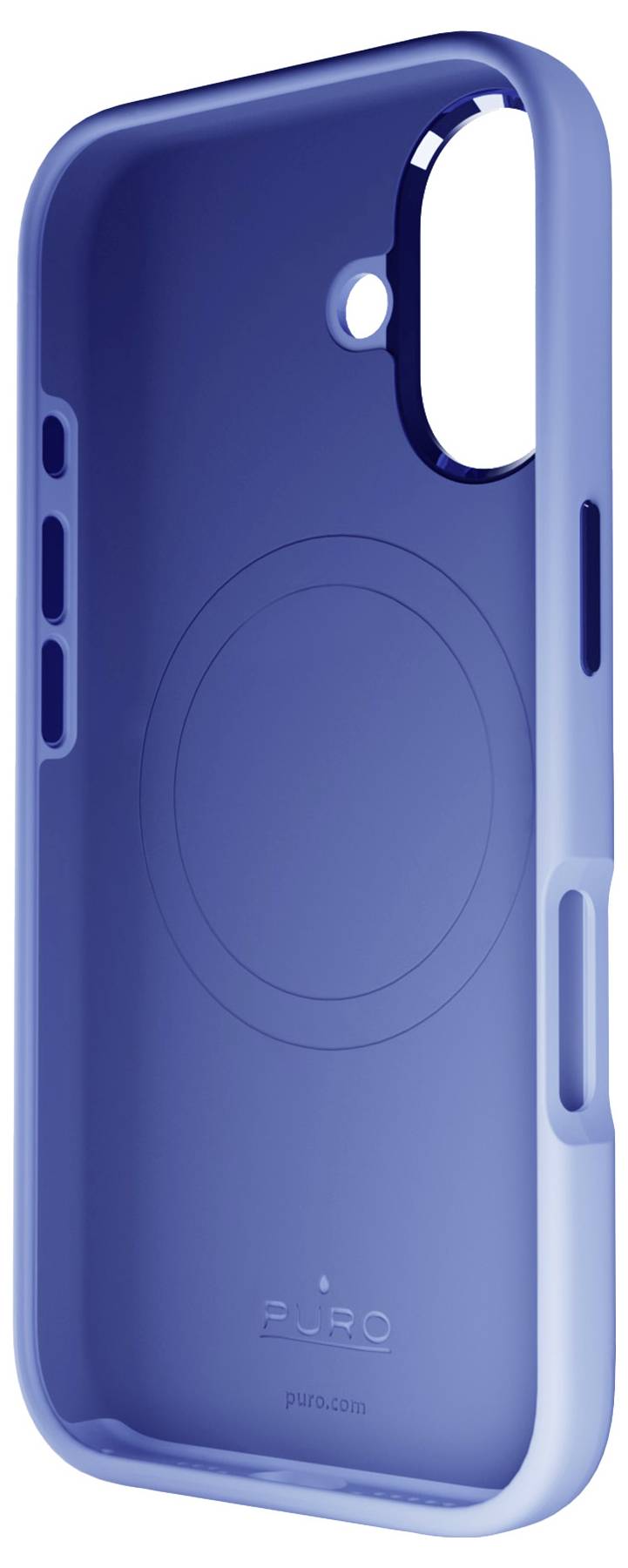 A blue smartphone case with MagSafe compatibility, featuring rounded edges and precise cutouts for camera and buttons.