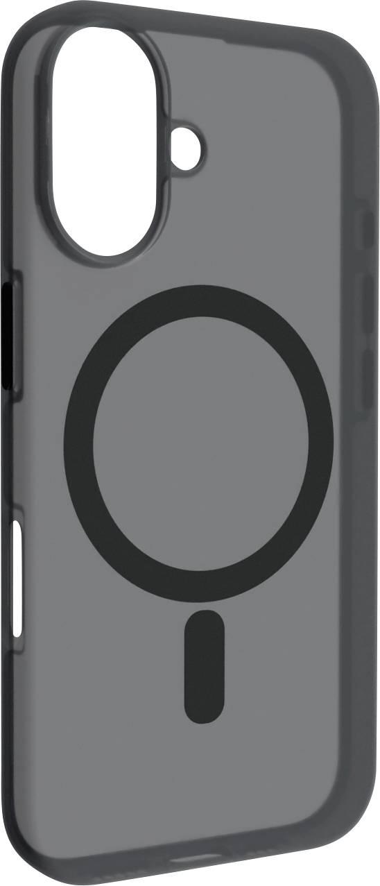 A clear phone case for an Apple device featuring a MagSafe compatible design with circular and line markings on the back.
